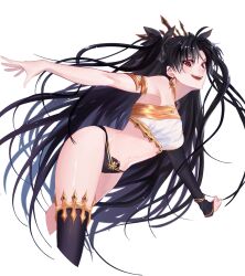 Rule 34 | 1girl, :d, arm warmers, armlet, bare shoulders, bikini, black hair, breasts, commentary request, cropped legs, detached sleeves, earrings, fate/grand order, fate (series), hair ribbon, highres, hoop earrings, ishtar (fate), jewelry, leaning forward, long hair, looking at viewer, medium breasts, mismatched bikini, navel, neck ring, negima (187rhrh), open mouth, red eyes, ribbon, single arm warmer, single detached sleeve, single thighhigh, smile, solo, swimsuit, teeth, thighhighs, tiara, two side up, upper teeth only, white background