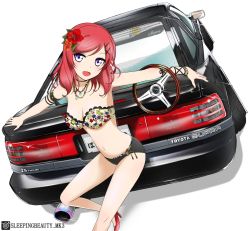 Rule 34 | 10s, 1girl, bad id, bad pixiv id, bikini, blush, breasts, car, cleavage, flower, hair flower, hair ornament, highres, jewelry, looking at viewer, love live!, love live! school idol festival, love live! school idol project, modeling, motor vehicle, navel, necklace, nishikino maki, open mouth, purple eyes, red hair, short hair, smile, solo, steering wheel, sweeter (h110111), swimsuit, toyota, toyota supra, toyota supra mk iii, vehicle focus
