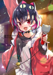 Rule 34 | 1girl, :d, arm up, black hair, black hoodie, blurry, blurry background, blush, breasts, character name, collarbone, copyright name, depth of field, fang, fur-trimmed jacket, fur trim, hair between eyes, hair intakes, highres, holding, holding microphone, hood, hood down, hoodie, jacket, jin young-in, ko yami, long sleeves, looking at viewer, microphone, multicolored hair, night, nijisanji, nijisanji kr, open clothes, open jacket, open mouth, outdoors, pink hair, pleated skirt, red eyes, red jacket, skirt, small breasts, smile, solo, streaked hair, virtual youtuber, white hoodie, white skirt