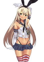 Rule 34 | 10s, 1girl, :q, anchor hair ornament, blonde hair, blue skirt, blush, elbow gloves, gloves, green eyes, hair ornament, hairband, highleg, highleg panties, highres, kantai collection, long hair, miniskirt, moriya1707, navel, panties, shimakaze (kancolle), simple background, skirt, solo, striped clothes, striped thighhighs, tan, thighhighs, tongue, tongue out, underwear, white background, white gloves