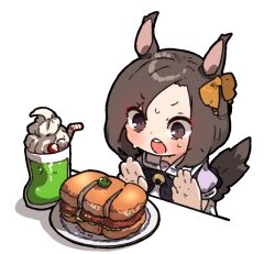 Rule 34 | 1girl, air groove (umamusume), amonitto, animal ears, bow, brown eyes, brown hair, chibi, commentary request, cup, drinking straw, food, hair bow, hands up, horse ears, medium hair, open mouth, plate, sailor collar, sailor shirt, sandwich, school uniform, shirt, short sleeves, simple background, solo, sweat, swept bangs, tail, tracen school uniform, umamusume, upper body, whipped cream, white background, yellow bow