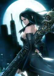 Rule 34 | alicia (bullet witch), alicia (bullet witch), aq interactive, bridal gauntlets, building, bullet witch, cavia, city, detached sleeves, green eyes, green hair, gun, hair ornament, long hair, looking back, mole, moon, night, official art, pantyhose, skyscraper, weapon, witch