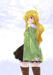 Rule 34 | 1girl, ahoge, arms behind back, black skirt, blonde hair, boots, brown footwear, eyebrows, green eyes, gulim, hoshii miki, idolmaster, idolmaster (classic), interlocked fingers, long hair, looking at viewer, looking back, own hands clasped, own hands together, pleated skirt, skirt, smile, snow, solo, thigh boots, thighhighs