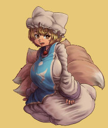 Rule 34 | 1girl, animal hat, blonde hair, breasts, bright pupils, brown eyes, chanta (ayatakaoisii), dress, fox tail, hat, highres, large breasts, long sleeves, medium hair, mob cap, multiple tails, simple background, solo, tabard, tail, touhou, white dress, white hat, white pupils, yakumo ran, yellow background