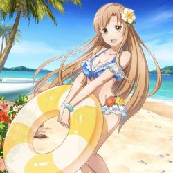 Rule 34 | 1girl, :d, arm strap, asuna (sao), beach, bikini, blue bikini, blue bow, blue sky, blush, bow, bracelet, breasts, brown eyes, brown hair, cleavage, day, floating hair, flower, frilled bikini, frills, hair flower, hair ornament, hibiscus, holding, holding swim ring, innertube, jewelry, jpeg artifacts, long hair, looking at viewer, medium breasts, ocean, official art, open mouth, outdoors, palm tree, pink flower, red flower, sky, smile, solo, standing, swim ring, swimsuit, sword art online, transparent, tree, very long hair