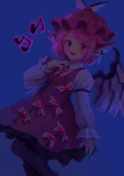 Rule 34 | 1girl, animal ears, beamed eighth notes, bird ears, bird wings, black pantyhose, blue background, blush, brown dress, brown hat, collared shirt, dress, eighth note, feet out of frame, fingernails, frilled sleeves, frills, green nails, hat, highres, himuhino, long fingernails, long sleeves, looking at viewer, musical note, mystia lorelei, nail polish, open mouth, pantyhose, pink eyes, pink hair, sharp fingernails, shirt, short hair, simple background, smile, solo, touhou, white shirt, white wings, winged hat, wings