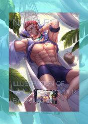 Rule 34 | abs, beard, blue eyes, brown hair, clothes lift, coconut, coconut tree, conner20130806, facial hair, fate/grand order, fate (series), glasses, hat, highres, long sideburns, lying, male focus, modeling, muscular, napoleon bonaparte (fate), on back, open clothes, palm tree, pectorals, phonograph, scar, shirt lift, shorts, sideburns, solo, tree