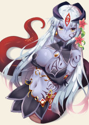 Rule 34 | 1girl, alipheese fateburn xvi, bare shoulders, blue skin, blush, breast hold, breast rest, breasts, cleavage, colored skin, crossed arms, earrings, elbow gloves, flower, gloves, hair between eyes, hair flower, hair ornament, horns, jewelry, lamia, large breasts, long hair, looking at viewer, mon-musu quest!, monster girl, navel, plant, simple background, smile, solo, tail, tattoo, vines, white hair, yappen, yatsu (sasuraino), yellow eyes