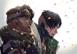 Rule 34 | 2boys, apex legends, arm around shoulder, black gloves, black hair, blood, blood from mouth, brown hair, checkered clothes, checkered scarf, confetti, crypto (apex legends), closed eyes, fingerless gloves, gloves, goggles, goggles on head, highres, jacket, jewelry, leaning forward, mei (611kcal), mirage (apex legends), multiple boys, necklace, scarf, smile, undercut, white background, white jacket