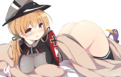 Rule 34 | 10s, 1girl, anchor hair ornament, ass, black thighhighs, blonde hair, blush, bottomless, breasts, failure penguin, gloves, hair ornament, hat, kantai collection, large breasts, long hair, long sleeves, looking at viewer, military, military uniform, open mouth, peaked cap, prinz eugen (kancolle), simple background, sketch, solo, thighhighs, twintails, uniform, watanon (gakushokutei), white background, white gloves