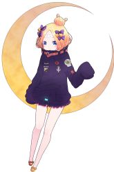 Rule 34 | 1girl, abigail williams (fate), abigail williams (traveling outfit) (fate), absurdres, black jacket, blonde hair, blue eyes, blush, bow, closed mouth, commentary request, crescent, crossed bandaids, fate/grand order, fate (series), hair bow, hair bun, hand up, heroic spirit traveling outfit, highres, hiroshi (jasinloki), jacket, long hair, long sleeves, official alternate costume, orange bow, parted bangs, polka dot, polka dot bow, purple bow, simple background, single hair bun, sleeves past fingers, sleeves past wrists, smile, solo, white background