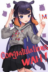 Rule 34 | 1girl, absurdres, black skirt, blue eyes, fang, grey hoodie, hair ornament, highres, hololive, hololive english, hood, hoodie, leaning back, long hair, milestone celebration, mrstomachache, ninomae ina&#039;nis, open hand, open mouth, pill hair ornament, pointing, pointing up, skin fang, skirt, smile, solo, takodachi (ninomae ina&#039;nis), tentacle hair, very long hair, virtual youtuber