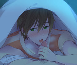 Rule 34 | 10s, 2boys, blush, brown hair, fellatio, free!, green eyes, licking, looking at viewer, male focus, male pubic hair, mo (nmnme), multiple boys, oral, penis, pov, pubic hair, solo focus, sweat, tachibana makoto, uncensored, under covers, yaoi