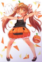 Rule 34 | 10s, 1girl, artist name, bow, brown eyes, brown hair, commentary request, dark-skinned female, dark skin, fang, food-themed hair ornament, full body, hair bow, hair ornament, halloween costume, highres, jack-o&#039;-lantern, kantai collection, libeccio (kancolle), long hair, looking at viewer, mary janes, matching hair/eyes, no socks, one eye closed, open mouth, outstretched arms, pumpkin, pumpkin costume, pumpkin hair ornament, pumpkin pants, shoes, solo, spaghetti strap, striped, striped bow, twintails, yumi yumi