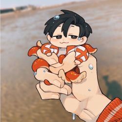 Rule 34 | 1boy, :3, beach, black eyes, black hair, bright pupils, chibi, chinese commentary, disembodied hand, full body, highres, jacket, juanmao, long sleeves, looking at viewer, male focus, mini person, miniboy, monster boy, octopus boy, original, outdoors, photo background, red jacket, shirt, short hair, solo focus, suction cups, tentacles, water drop, wet, white jacket, white pupils, white shirt, ye xiu