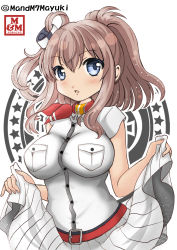 Rule 34 | 10s, 1girl, absurdres, anchor, belt, blue eyes, breast pocket, breasts, brown hair, clothes lift, dress, dress lift, highres, impossible clothes, kantai collection, large breasts, logo, long hair, looking at viewer, mayuki (nami1120), neckerchief, pocket, ponytail, red neckerchief, saratoga (kancolle), side ponytail, solo, twitter username, white dress