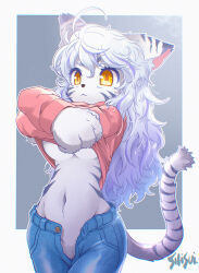 Rule 34 | 1girl, :&lt;, ahoge, animal ears, body fur, breasts, cat ears, cat tailcat girl, chromatic aberration, clothes lift, denim, female focus, furry, furry female, groin, jeans, lifting own clothes, long sleeves, medium breasts, messy hair, navel, open fly, original, pants, pink shirt, shirt, shirt lift, shisui, signature, solo, underboob, undressing, white hair, yellow eyes