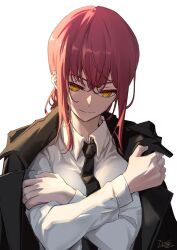 Rule 34 | 1girl, black coat, black necktie, braid, braided ponytail, chainsaw man, coat, coat on shoulders, collared shirt, crossed arms, dollllls2, highres, looking at viewer, makima (chainsaw man), medium hair, necktie, red hair, ringed eyes, shirt, sidelocks, signature, simple background, smile, solo, white background, white shirt, yellow eyes