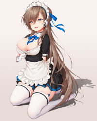 Rule 34 | 1girl, apron, arm behind back, asuna (blue archive), black dress, blue archive, blue eyes, blue neckwear, bow, bowtie, bra, bra pull, breasts, brown hair, cleavage, clothes pull, dress, full body, garter straps, gloves, hachihachy, headphones, large breasts, long hair, looking at viewer, maid, maid headdress, mole, mole on breast, neck ribbon, neckwear between breasts, no shoes, open mouth, photoshop (medium), ribbon, shadow, short sleeves, solo, teeth, thighhighs, underwear, upper teeth only, white apron, white gloves, white thighhighs