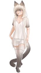 Rule 34 | 1girl, absurdres, animal ear fluff, animal ears, black hair, blue eyes, cat, cat ears, cat girl, cat tail, highres, long hair, looking at viewer, multicolored clothes, multicolored hair, multicolored socks, open mouth, original, shirt, shoes, shorts, siamese cat, sketch, socks, tail, takie arts, white background, white hair, white shirt, white shorts