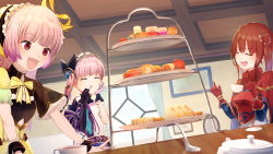 Rule 34 | 385oo, 3girls, atelier (series), atelier lydie &amp; suelle, belt, bow, bowtie, capelet, cousins, cup, curtains, eating, closed eyes, food, gloves, hairband, highres, long hair, lucia borthayre, lydie marlen, multiple girls, open mouth, pink eyes, pink hair, red hair, sandwich, siblings, side ponytail, sisters, suelle marlen, sweets, teacup, twintails, upper body, window