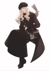 Rule 34 | 1girl, 7ryryry, absurdres, arm behind back, belt, black coat, black footwear, black gloves, black hat, boots, closed mouth, coat, collared shirt, earrings, elezen, elf, final fantasy, final fantasy xiv, full body, gloves, green eyes, grey hair, gun, gun on back, hat, head tilt, hiding, highres, invisible chair, jewelry, long hair, long sleeves, looking away, pendant, pointy ears, red lips, rifle, shirt, sidelocks, simple background, sitting, smile, solo, tube, warrior of light (ff14), weapon, weapon on back, white background, white shirt