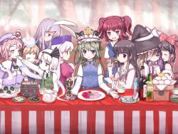 Rule 34 | 6+girls, female focus, fine art parody, highres, multiple girls, outdoors, parody, plant, sitting, standing, tagme, the last supper, touhou, tree, wallpaper