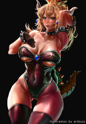 Rule 34 | 1girl, absurdres, artist name, artofkuzu, bare shoulders, black background, black footwear, black gloves, black leotard, blonde hair, blue gemstone, blush, boots, bowsette, bracelet, breasts, brooch, clothing cutout, collar, collarbone, earrings, embers, explosion, fang, fang out, gem, gloves, gluteal fold, green eyes, hair between eyes, hand in own hair, hand on own chest, highres, horns, jewelry, large breasts, leotard, light particles, lipstick, looking at viewer, makeup, mario (series), neck, new super mario bros. u deluxe, nintendo, red lips, shiny clothes, shiny skin, simple background, slit pupils, solo, spiked bracelet, spiked collar, spiked shell, spiked tail, spikes, strapless, strapless leotard, super crown, tail, thick thighs, thigh boots, thigh gap, thighhighs, thighs, underboob cutout, wide hips