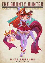 Rule 34 | 1girl, absurdres, alternate costume, alternate hairstyle, ankle wings, antique firearm, arms up, blue eyes, blunderbuss, boots, breasts, character name, cleavage, commentary, detached collar, detached sleeves, dress, dual wielding, firearm, full body, gun, hair over one eye, highres, holding, league of legends, lipstick, long hair, magical girl, makeup, miss fortune (league of legends), monori rogue, nail polish, orange hair, short dress, star guardian (league of legends), star guardian miss fortune, strapless, strapless dress, thigh boots, thighhighs, very long hair, weapon, wings, zettai ryouiki