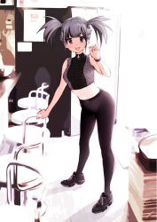 1girl :p black_footwear black_pantyhose breasts chair grey_eyes grey_hair half_up_braid highres long_hair looking_at_viewer navel original pants pantyhose shoes sleeveless_turtleneck_shirt sneakers solo souryu standing stomach tank_top tongue tongue_out turtleneck twintails watch wristwatch yoga_pants