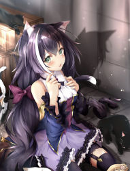 Rule 34 | 1girl, animal ear fluff, animal ears, bare shoulders, black cat, black hair, blush, bow, breasts, cat, cat ears, cat girl, cat tail, commentary request, detached sleeves, dress, fang, frilled dress, frills, green eyes, hair bow, hand on own chest, hands up, highres, karyl (princess connect!), long hair, looking at viewer, low twintails, multicolored hair, open mouth, outdoors, princess connect!, red bow, rumiko (rmeco), sitting, skin fang, small breasts, solo, streaked hair, tail, twintails, very long hair, wariza, white hair