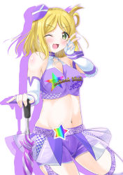 Rule 34 | 1girl, ;d, absurdres, asakawa-san (8107ka), bare shoulders, blonde hair, blush, braid, breasts, cleavage, clothes writing, clothing request, collarbone, colored shadow, commentary request, cowboy shot, crop top, crown braid, detached sleeves, drop shadow, fingerless gloves, garter straps, gloves, green eyes, groin, hair rings, hat, highres, holding, holding umbrella, long hair, looking at viewer, love live!, love live! sunshine!!, medium breasts, midriff, mini hat, navel, ohara mari, one eye closed, one side up, open mouth, parted bangs, purple hat, purple shorts, race queen, shadow, short shorts, shorts, showgirl skirt, sidelocks, simple background, smile, solo, standing, thighhighs, umbrella, v, white background, white gloves, white sleeves, white thighhighs