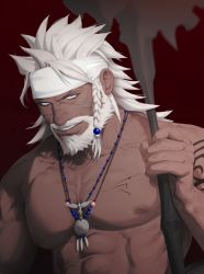 Rule 34 | 1boy, abs, bara, beard, body hair, commission, facial hair, final fantasy, final fantasy xiv, headband, highres, jewelry, large pectorals, male focus, mature male, muscular, muscular male, n01r31, necklace, original, pectorals, smile, tattoo, white hair