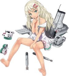 Rule 34 | 1girl, barefoot, blonde hair, dress, feet, flat chest, full body, grecale (kancolle), green eyes, hair ornament, hair ribbon, jiji (aardvark), kantai collection, long hair, looking at viewer, machinery, official art, ribbon, sailor dress, sleeveless, sleeveless dress, smile, solo, source request, tan, third-party source, torn clothes, torpedo, torpedo launcher, torpedo tubes, transparent background, white dress