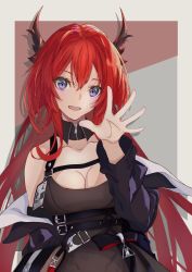 Rule 34 | 1girl, absurdres, arknights, bare shoulders, belt, black belt, black collar, blue eyes, chest belt, collar, collarbone, commentary request, highres, horns, huge filesize, id card, long hair, looking at viewer, off shoulder, open mouth, red hair, rhodes island logo (arknights), solo, spread fingers, surtr (arknights), upper body, vic 1223