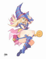 Rule 34 | 1girl, aj touch, artist name, bare legs, bare shoulders, blonde hair, blue dress, blue hat, blue panties, blush stickers, breasts, dark magician girl, dress, duel monster, full body, green eyes, hat, holding, holding wand, long hair, medium breasts, panties, pink skirt, signature, skirt, solo, underwear, wand, witch hat, yu-gi-oh!