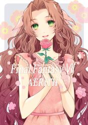 Rule 34 | 1girl, aerith gainsborough, aerith gainsborough (basic pink dress), bracelet, breasts, brown hair, character name, collarbone, commentary request, dress, final fantasy, final fantasy vii, final fantasy vii remake, floral background, flower, green eyes, hair ribbon, highres, holding, holding flower, jewelry, long hair, looking at viewer, official alternate costume, official alternate hairstyle, parted bangs, parted lips, pink dress, pink ribbon, quichi 91, red flower, red rose, ribbon, rose, sidelocks, small breasts, smile, solo, upper body, wall market, wavy hair