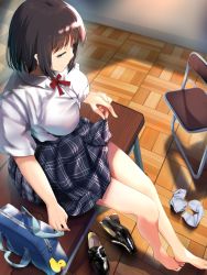 Rule 34 | 1girl, bag, bag charm, bare legs, barefoot, black footwear, black skirt, blue eyes, breast pocket, breasts, brown hair, chair, charm (object), closed mouth, collared shirt, commentary request, desk, dress shirt, feet, folding chair, from above, highres, indoors, large breasts, legs, unworn legwear, loafers, looking at viewer, looking down, naughty face, nonohachi, on table, original, plaid, plaid skirt, pocket, rubber duck, school desk, shirt, shoes, unworn shoes, short hair, short sleeves, sitting, skirt, skirt hold, smile, solo, table, white hair, white legwear