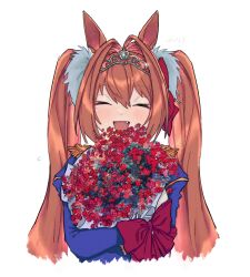 Rule 34 | 1girl, animal ears, blue jacket, blush, bouquet, brown hair, closed eyes, daiwa scarlet (umamusume), epaulettes, facing viewer, fang, flower, hair intakes, highres, holding, holding bouquet, horse ears, jacket, long hair, long sleeves, open mouth, pprs08, smile, solo, tiara, translation request, twintails, umamusume, upper body
