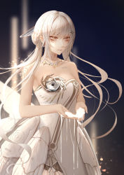 Rule 34 | 1girl, absurdres, bare arms, blurry, blurry background, breasts, collarbone, crying, dress, floating hair, grey choker, grey eyes, highres, liv: empyrea (wings of dawn) (punishing: gray raven), liv (punishing: gray raven), long hair, medium breasts, parted lips, punishing: gray raven, smile, solo, standing, strapless, strapless dress, tears, very long hair, white dress, white hair, zhi wozi