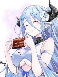 Rule 34 | 1girl, armband, bare shoulders, blue hair, blush, breasts, closed eyes, clothing cutout, draph, eating, flower, food, granblue fantasy, hair between eyes, hair flower, hair ornament, halterneck, highres, horns, izmir, izmir (summer) (granblue fantasy), large breasts, long hair, mole, mole under mouth, nino (shira), one-piece swimsuit, pointy ears, ponytail, sash, simple background, smile, snowflake hair ornament, snowflakes, solo, swimsuit, underboob, underboob cutout, very long hair, white background, white one-piece swimsuit