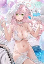 Rule 34 | 1girl, ahoge, balloon, bare arms, bare shoulders, bikini, blue archive, blush, breasts, cleavage, cowboy shot, dema hmw, drain (object), green eyes, halo, halterneck, hanako (blue archive), hands up, highres, holding, holding towel, lane line, large breasts, long hair, navel, neck ribbon, parted lips, pink hair, pool, pool ladder, revision, ribbon, smile, solo, stomach, string bikini, swimsuit, towel, towel on head, towel on legs, wading, water, wet, white bikini, white ribbon, white towel, wristband