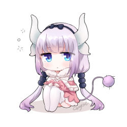 Rule 34 | 10s, 1girl, capelet, chibi, dragon girl, dragon horns, dragon tail, hair bobbles, hair ornament, hairband, highres, horns, kanna kamui, kobayashi-san chi no maidragon, kokuneko (graycat06), light purple hair, long hair, looking at viewer, low twintails, simple background, sitting, solo, tail, thighhighs, thighs, twintails, white background, zettai ryouiki