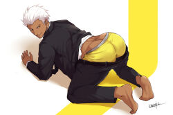Rule 34 | 1boy, archer (fate), artist name, ass, bara, barefoot, belt, brown eyes, butt crack, chachi (soulga), collared shirt, dark-skinned male, dark skin, fate/stay night, fate (series), huge ass, looking back, male focus, male underwear, manly, mature male, pants, shirt, signature, simple background, smirk, solo, spiked hair, underwear, white background, white hair, yellow background