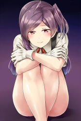 Rule 34 | 10s, 1girl, ahoge, bare legs, blouse, brown eyes, buttons, gloves, gradient background, hagikaze (kancolle), highres, kamelie, kantai collection, long hair, looking at viewer, neck ribbon, purple background, purple hair, ribbon, school uniform, shirt, short sleeves, side ponytail, sitting, smile, solo, vest, white gloves, white shirt