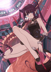 Rule 34 | 1girl, bare shoulders, black dress, black footwear, blue eyes, blunt bangs, blush, breasts, china dress, chinese clothes, cleavage, closed mouth, detached sleeves, dress, fate/grand order, fate (series), floral print, flute, hair ornament, high heels, highres, instrument, legs, long hair, looking at viewer, medium breasts, nao (syn eaa), pipa (instrument), purple hair, sidelocks, smile, solo, twintails, very long hair, yang guifei (fate), yang guifei (second ascension) (fate)