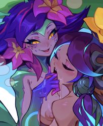 Rule 34 | 2girls, blue hair, breasts, closed mouth, drooling, finger in another&#039;s mouth, flower, hair flower, hair ornament, highres, large areolae, league of legends, lillia (league of legends), makeup, mascara, medium breasts, monster girl, multicolored hair, multiple girls, neeko (league of legends), open mouth, puffy nipples, purple hair, reagan long, saliva, smile, teeth, tongue, tongue out, upper teeth only, yellow eyes, yuri