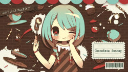 Rule 34 | 1girl, :t, alternate costume, alternate hairstyle, barcode, braid, brick wall, copyright name, cream, cup, cupcake, food, fork, hair ribbon, hatsune miku, heart, heart-shaped pupils, looking at viewer, maako (yuuyake.), nail polish, one eye closed, plate, ribbon, saucer, solo, sugar cube, sweets, symbol-shaped pupils, teacup, twin braids, twintails, vocaloid, wafer stick, watch, wink, wristwatch