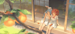 2girls, ahoge, animal ear fluff, animal ears, bare arms, bare legs, bare shoulders, barefoot, bell, between legs, blue hair, blurry, blurry foreground, blush, bow, braid, bunny ears, bunny girl, closed mouth, collarbone, cushion, day, depth of field, dress, eyebrows visible through hair, food, fruit, gawain (artist), green eyes, hair bow, hair ornament, hairclip, hand between legs, highres, hololive, jingle bell, long hair, mandarin orange, multicolored hair, multiple girls, on floor, one eye closed, one side up, orange eyes, outdoors, red bow, red hair, sakura miko, short sleeves, single braid, sitting, sleeveless, sleeveless dress, sliding doors, smile, sundress, table, tatami, thick eyebrows, tree branch, two-tone hair, usada pekora, very long hair, virtual youtuber, white dress, white hair