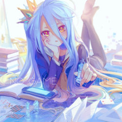 Rule 34 | 10s, 1girl, :&lt;, achyue, argyle, bishop (chess), black thighhighs, blonde hair, blue hair, blush, book, book stack, card, chess piece, copyright name, crown, game console, green hair, hair between eyes, hand on own cheek, hand on own face, head rest, holding, indoors, king (chess), knight (chess), long hair, long sleeves, looking at viewer, lying, md5 mismatch, multicolored eyes, multiple girls, no game no life, no shoes, on stomach, open book, playing card, red eyes, school uniform, serafuku, shiro (no game no life), solo, spade, thighhighs, very long hair, yellow eyes